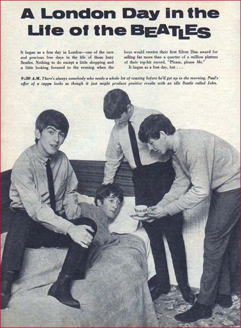 The Beatles awaken John Lennon for an early morning cup of tea.