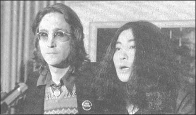 John Lennon and Yoko Ono at their press conference to announce Nutopia