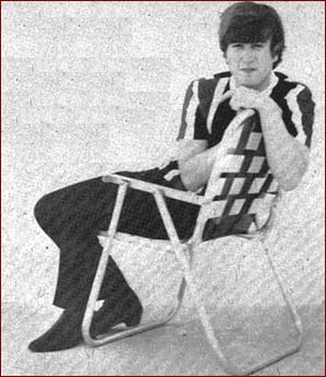 8: Relaxing in 1965: John Lennon relaxes in a patio chair wearing a casual outfit of striped knit shirt and black pants. Note his trademark Beatle boots. It is clear from John’s expression in this photo that he was doing his best to cooperate with the photographer, although it might not have been one of his “better” days.